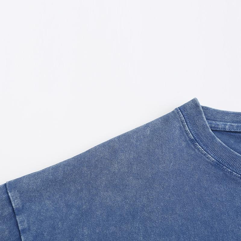 270GSM Vintage Snow Washed Tee - Steel Blue Fabric, Stitching and Construction - Detail View