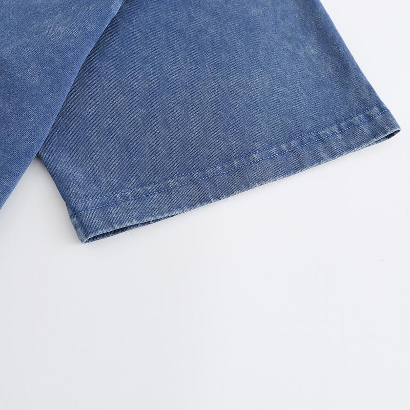 270GSM Vintage Snow Washed Tee - Steel Blue Fabric, Stitching and Construction - Detail View