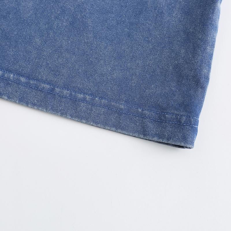 270GSM Vintage Snow Washed Tee - Steel Blue Fabric, Stitching and Construction - Detail View