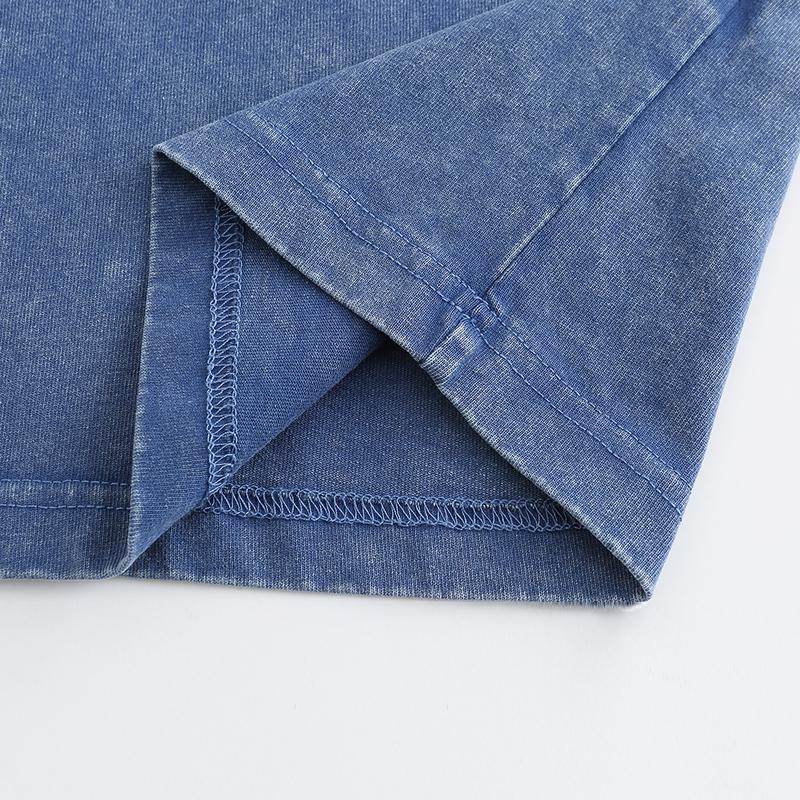 270GSM Vintage Snow Washed Tee - Steel Blue Fabric, Stitching and Construction - Detail View
