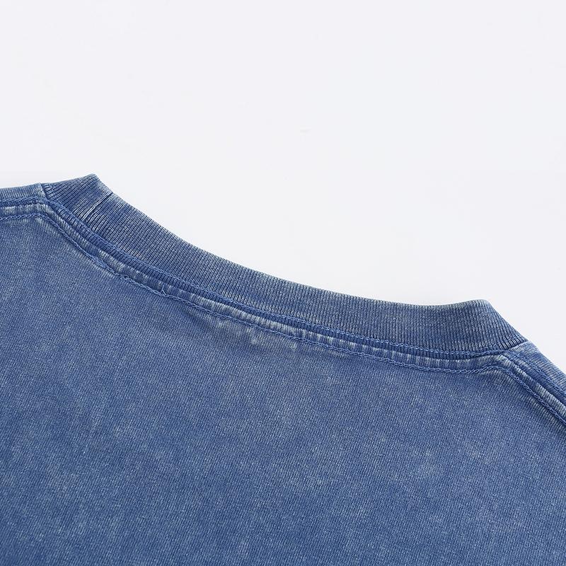 270GSM Vintage Snow Washed Tee - Steel Blue Fabric, Stitching and Construction - Detail View