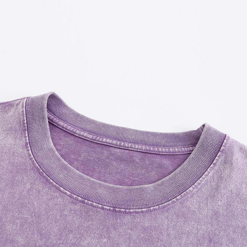 270GSM Vintage Snow Washed Tee - Purple Fabric, Stitching and Construction - Detail View