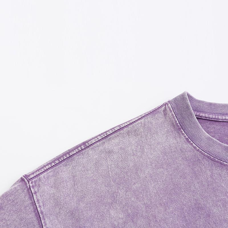 270GSM Vintage Snow Washed Tee - Purple Fabric, Stitching and Construction - Detail View
