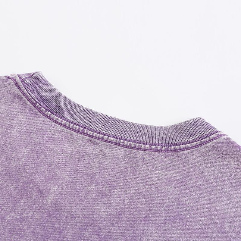 270GSM Vintage Snow Washed Tee - Purple Fabric, Stitching and Construction - Detail View