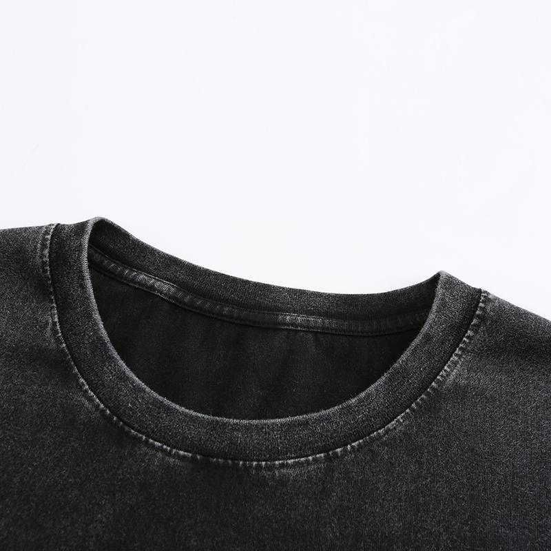 270GSM Vintage Snow Washed Tee - Black Fabric, Stitching and Construction - Detail View