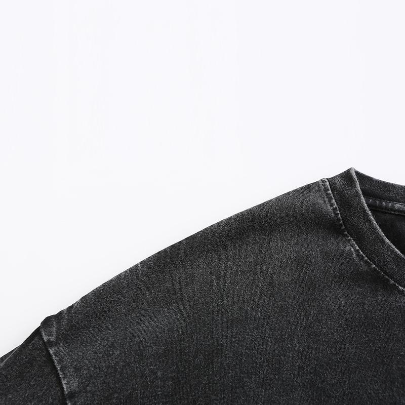 270GSM Vintage Snow Washed Tee - Black Fabric, Stitching and Construction - Detail View
