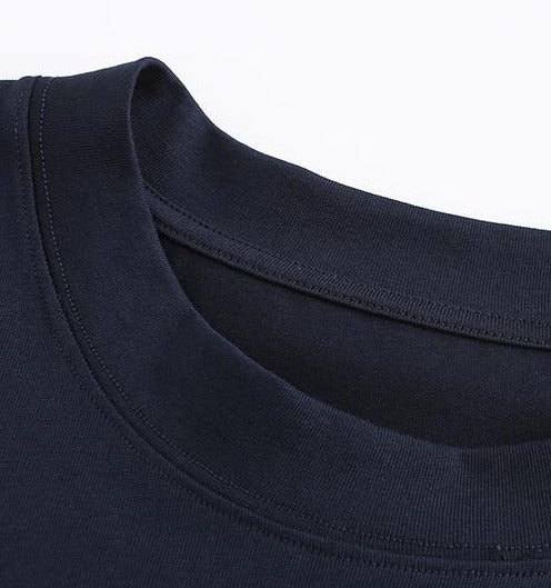 230GSM Solid Color Tee - Dark Blue Fabric, Stitching and Construction - Detail View