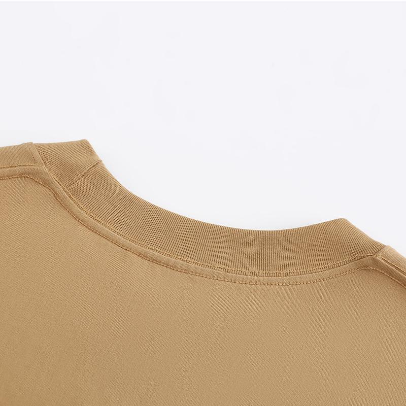 270GSM Solid Color Tee - Khaki Fabric, Stitching and Construction - Detail View