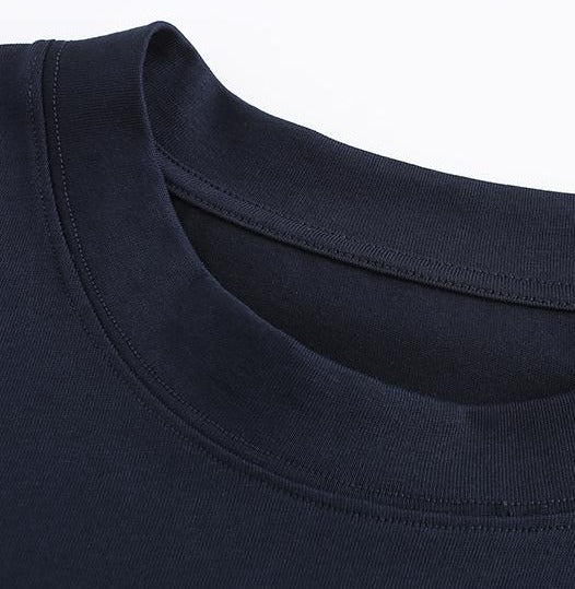270GSM Solid Color Tee - Dark Blue Fabric, Stitching and Construction - Detail View
