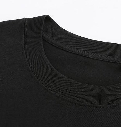 270GSM Solid Color Tee - Black Fabric, Stitching and Construction - Detail View