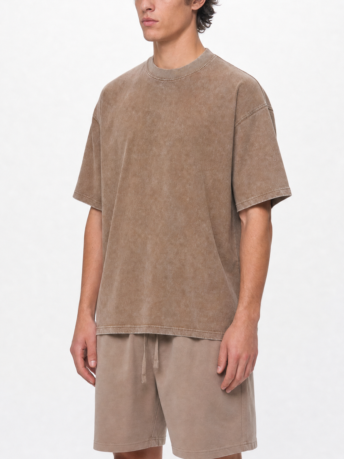 200GSM Vintage Snow Washed Tee - Brown - Model View