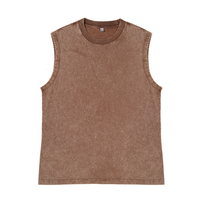 200GSM Vintage Snow Washed Sleeveless Tee - Brown - Front View