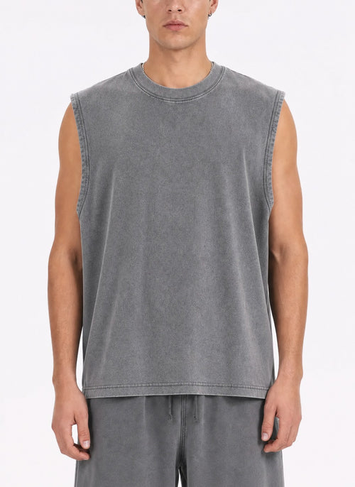 200GSM Vintage Snow Washed Sleeveless Tee - Gray - Model View