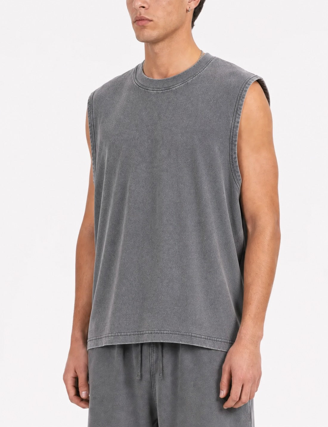 200GSM Vintage Snow Washed Sleeveless Tee - Gray - Model View