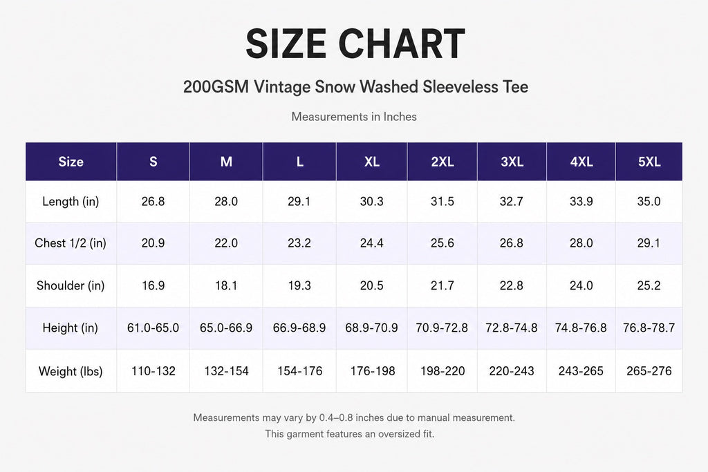 Size chart for 200GSM Vintage Snow Washed Sleeveless Tee (measurements in inches)