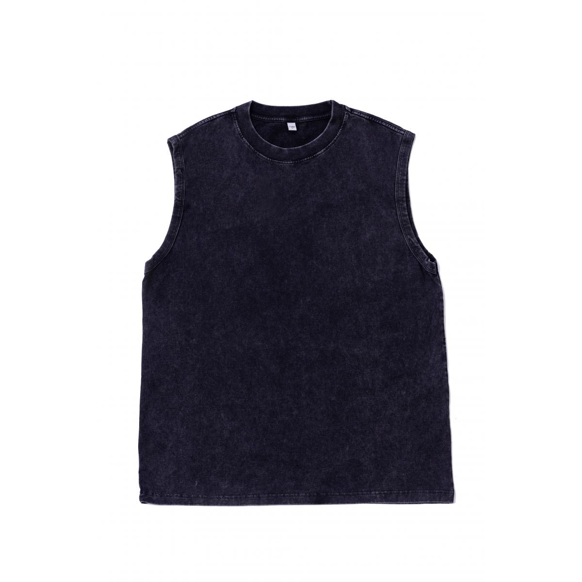 200GSM Vintage Snow Washed Sleeveless Tee - Black - Front View