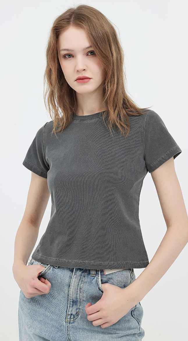 240GSM Women Pigment Dye Washed Cropped Tee - White - Model View