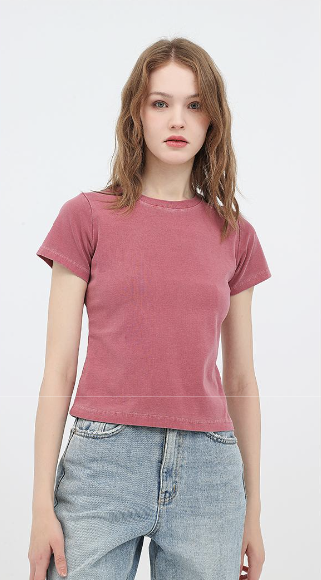 240GSM Women Pigment Dye Washed Cropped Tee - Pink - Model View