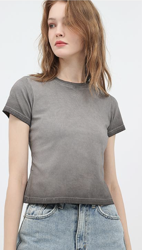 240GSM Women Ombre Washed Cropped Tee - Gray - Model View