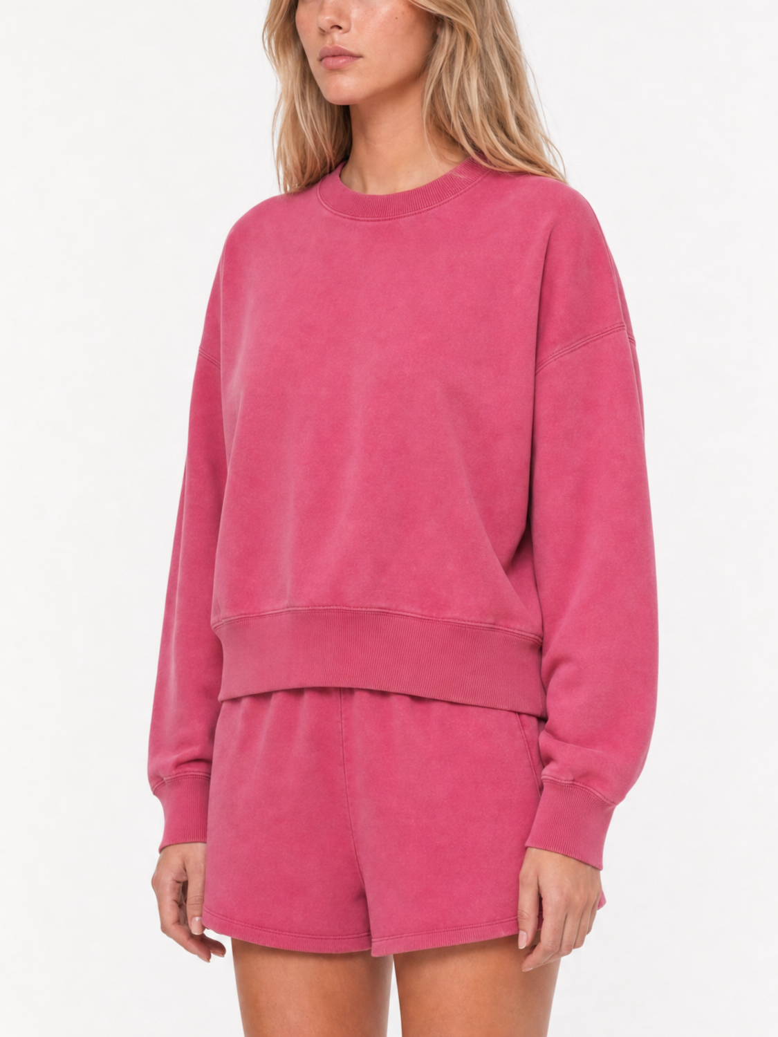 400GSM Women Snow Washed Drop shoulder Cropped Crewneck - Pink - Model View