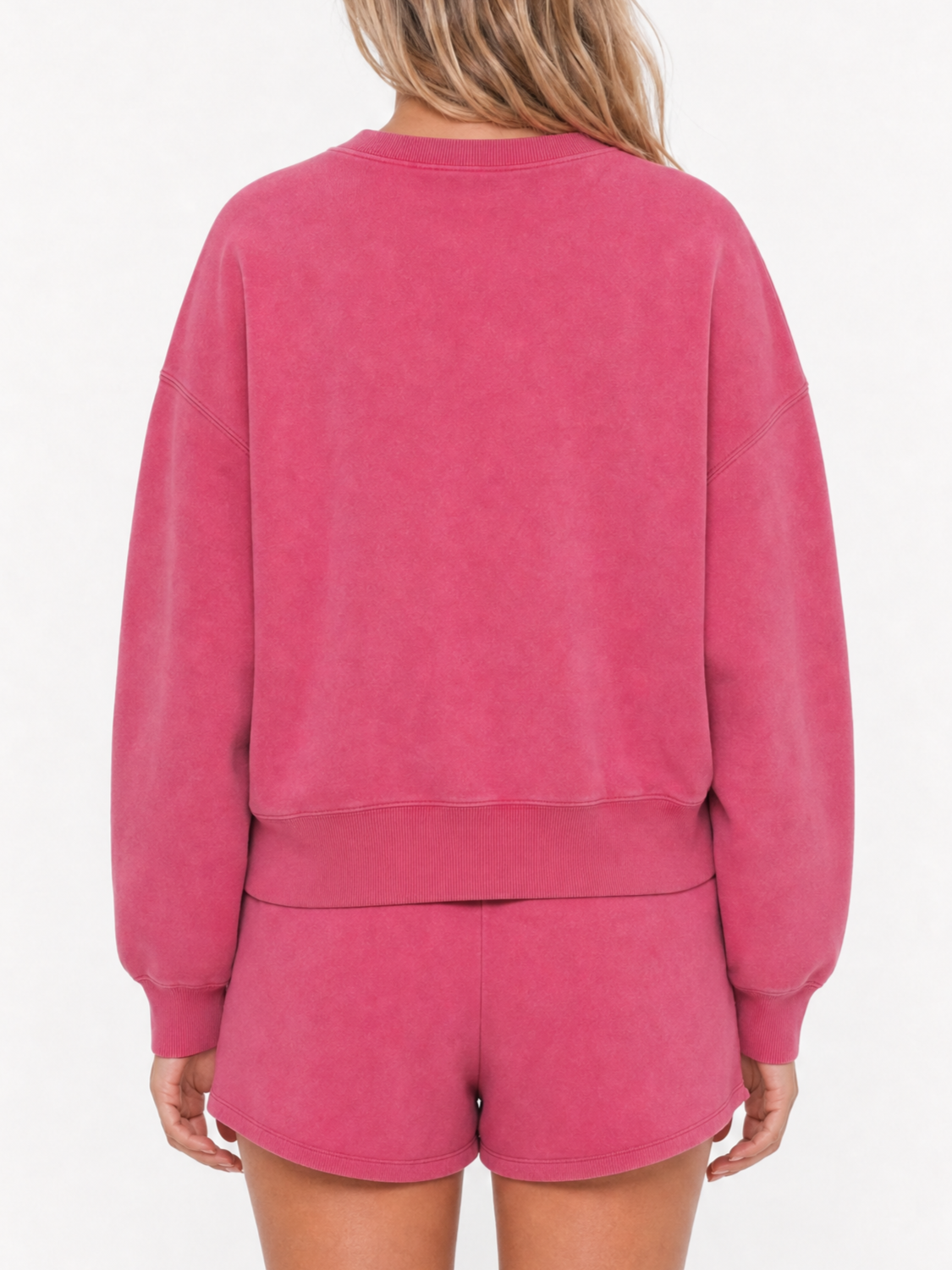 400GSM Women Snow Washed Drop shoulder Cropped Crewneck - Pink - Model View