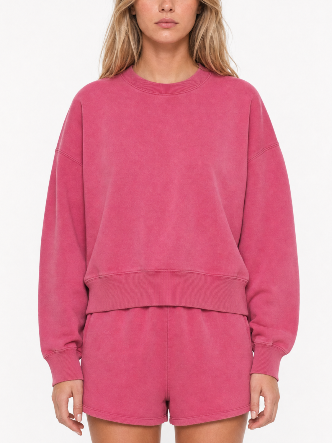 400GSM Women Snow Washed Drop shoulder Cropped Crewneck - Pink - Model View