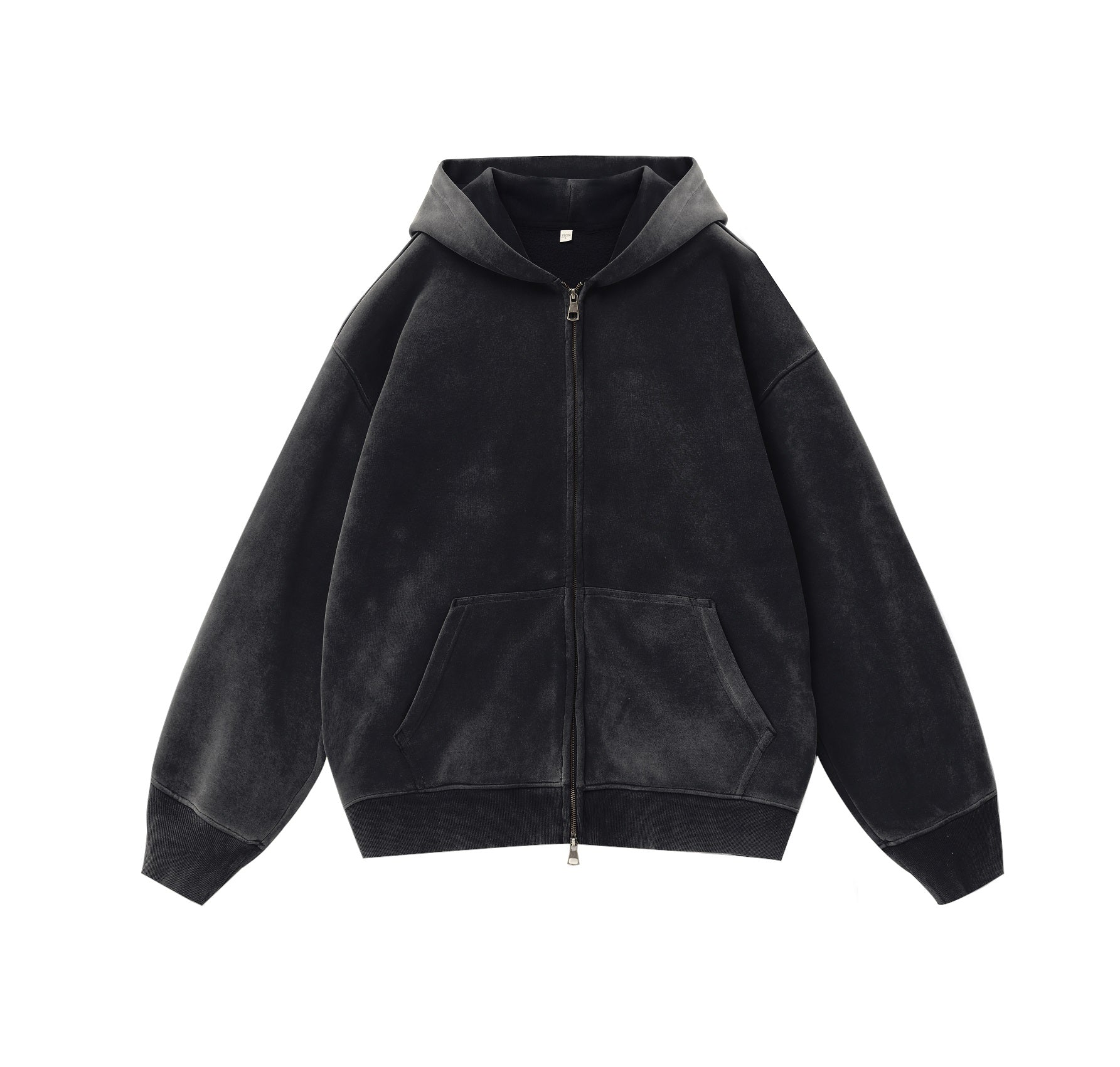 380GSM Zip Up Fleece Snow Washed Hoodie - Black - Front View