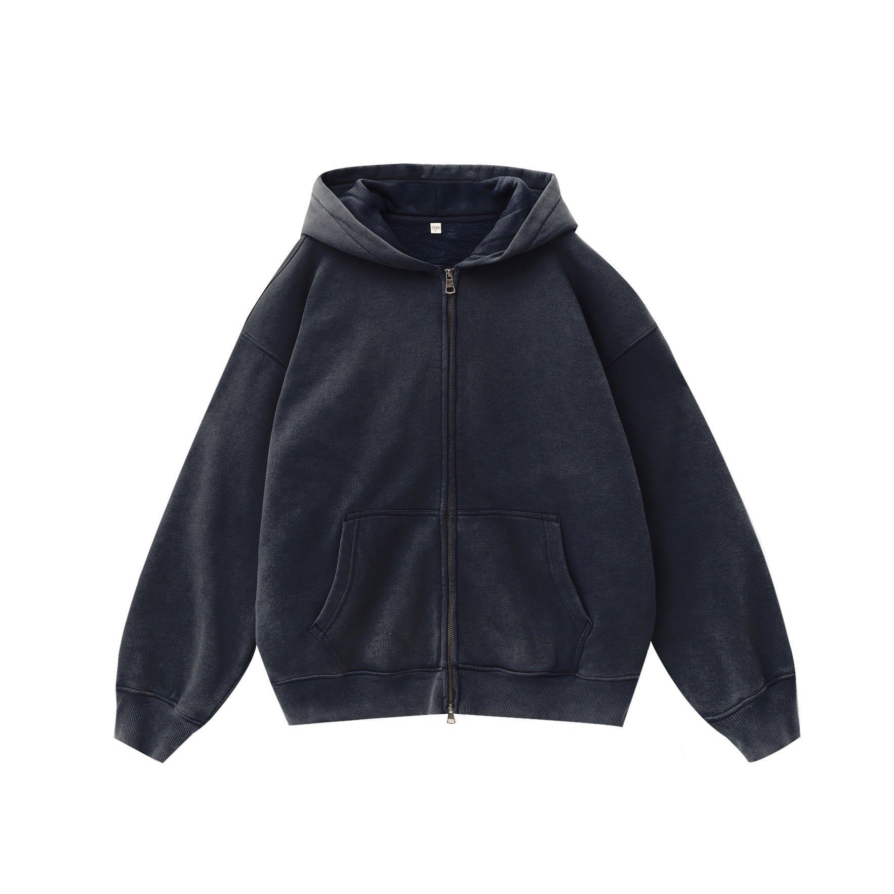 380GSM Zip Up Fleece Snow Washed Hoodie - Dark Blue - Front View
