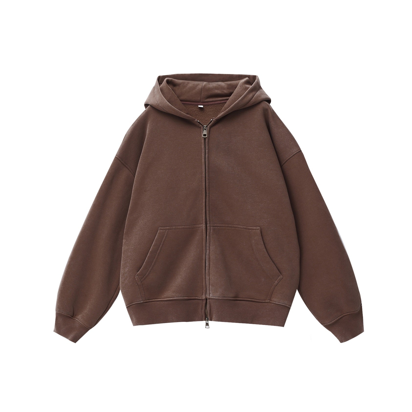 380GSM Zip Up Fleece Snow Washed Hoodie - Brown - Front View