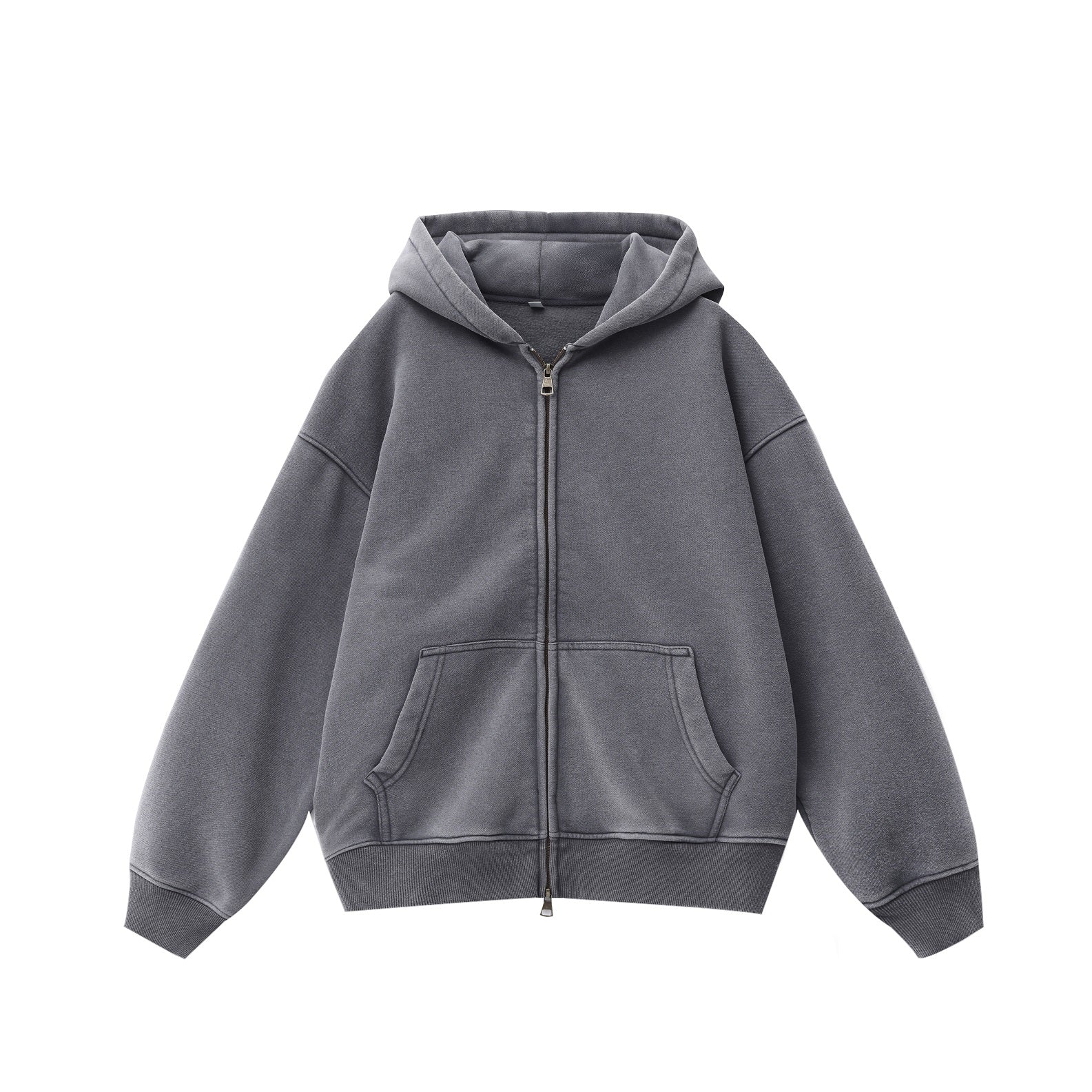 380GSM Zip Up Fleece Snow Washed Hoodie - Gray - Front View