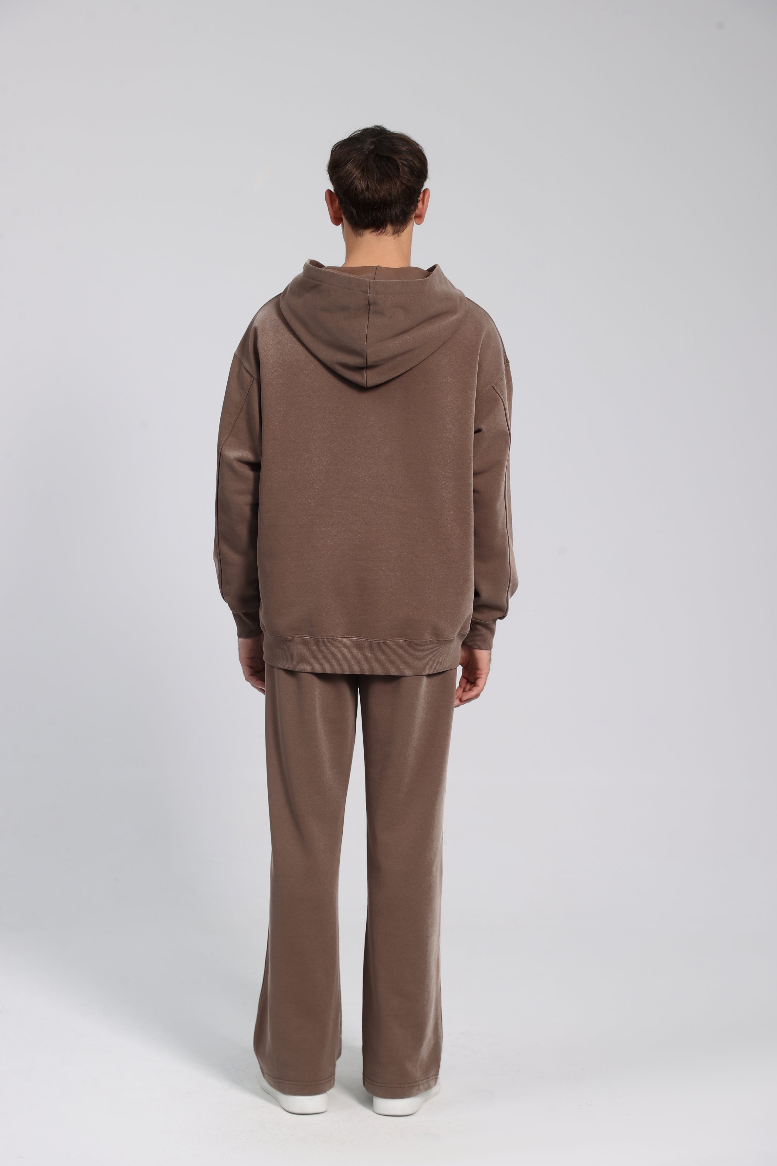 380GSM Zip Up Fleece Snow Washed Hoodie - Brown - Model View