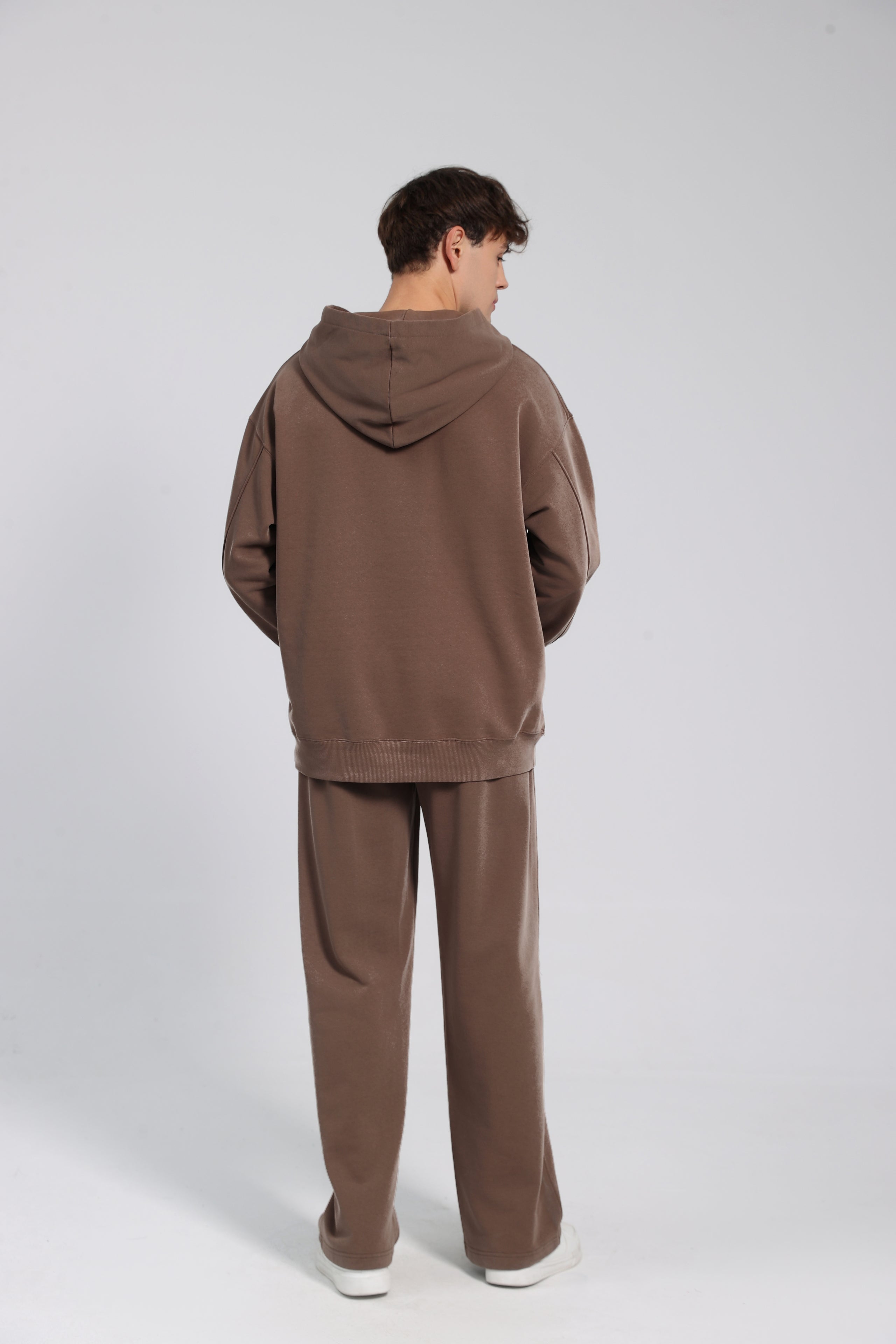380GSM Zip Up Fleece Snow Washed Hoodie - Brown - Model View