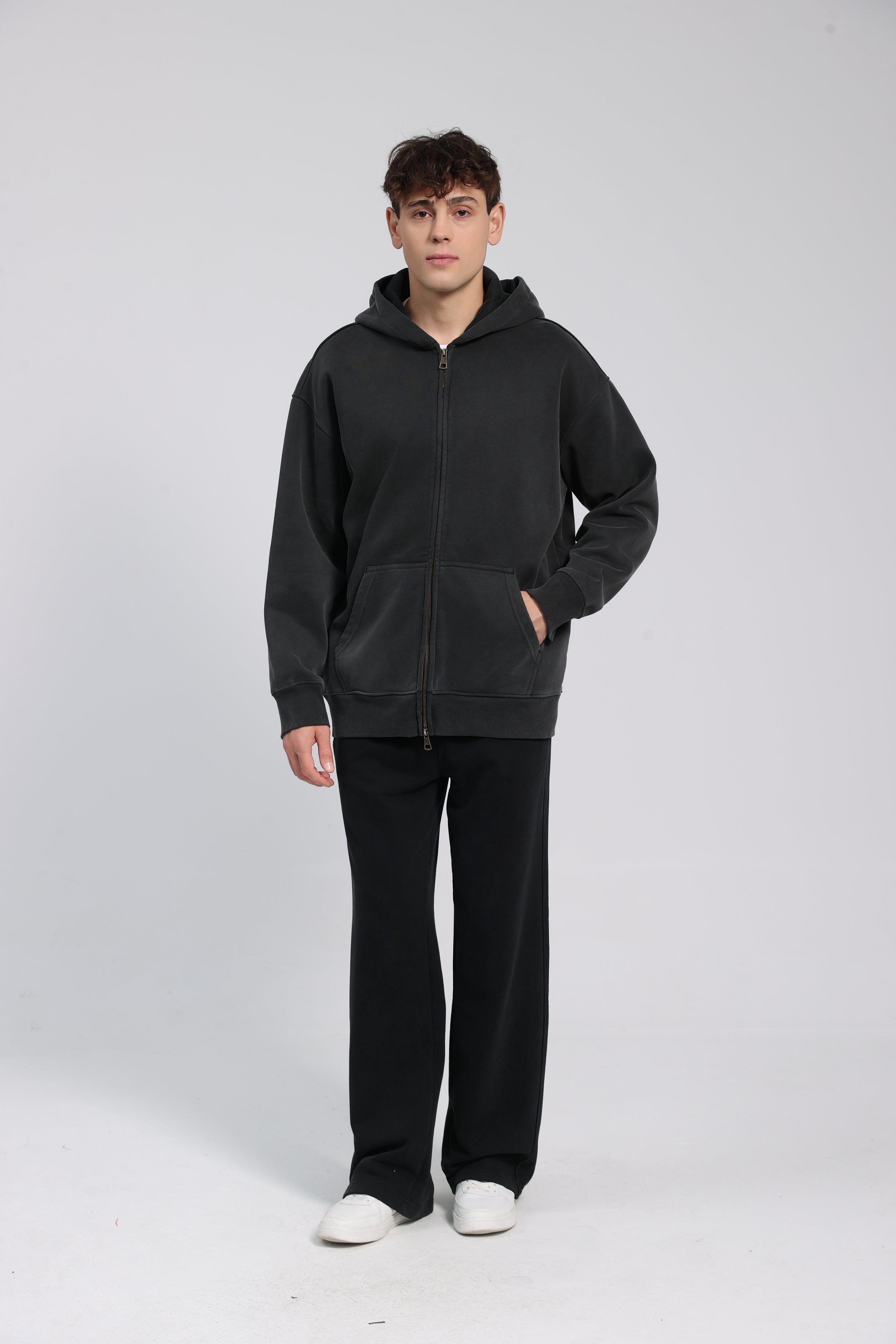 380GSM Zip Up Fleece Snow Washed Hoodie - Black - Model View