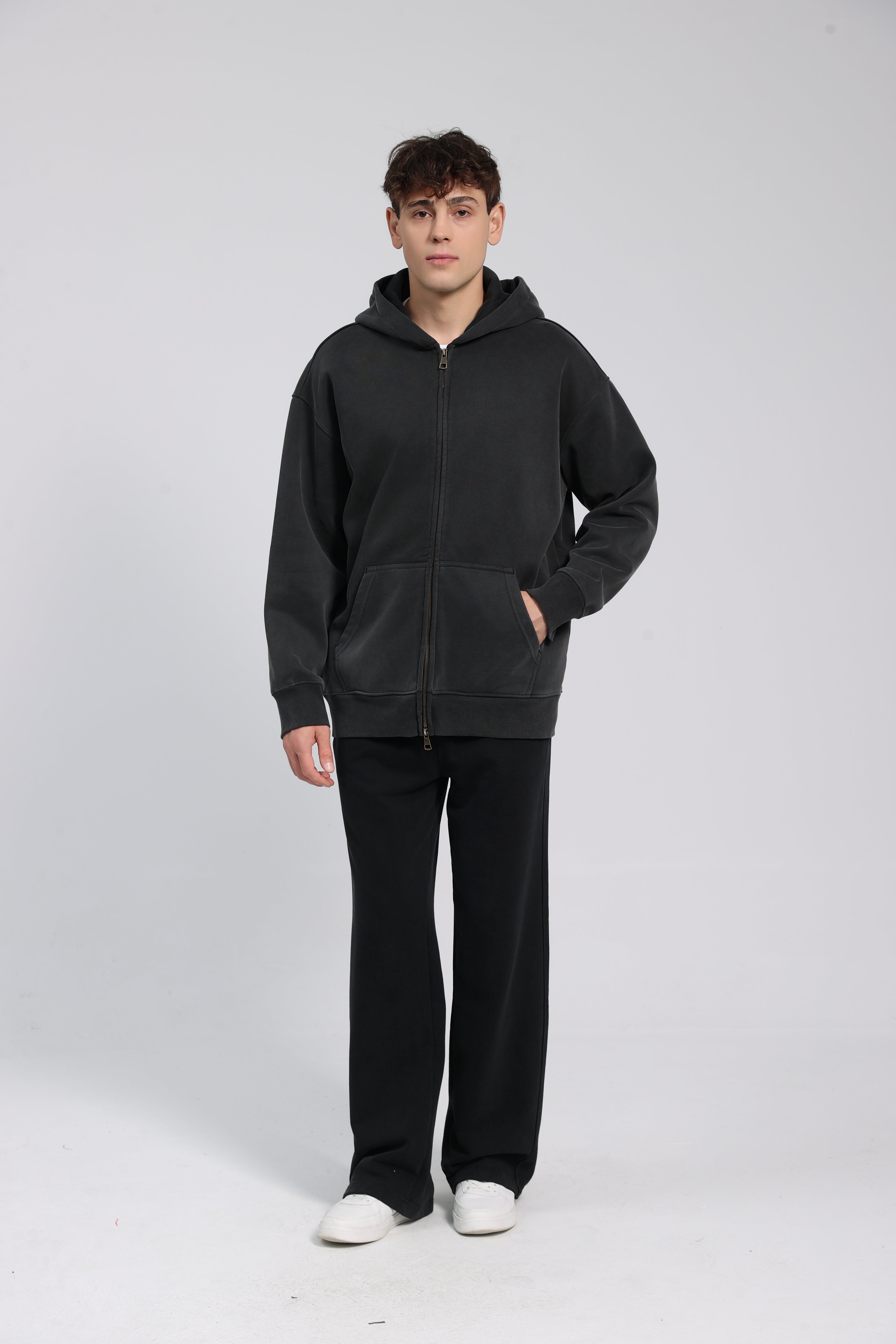 380GSM Zip Up Fleece Hoodie - Black - Model Shot