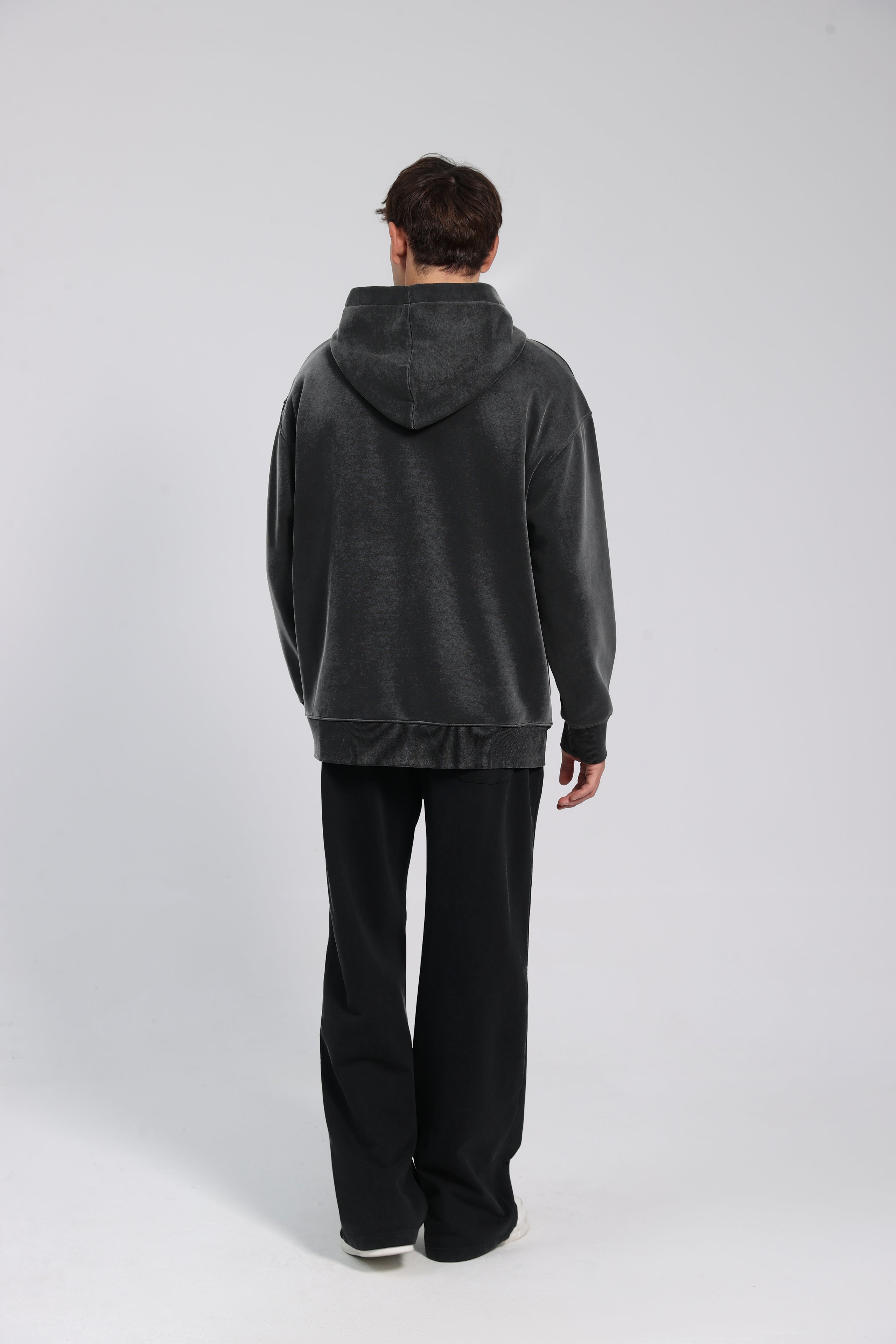 380GSM Zip Up Fleece Snow Washed Hoodie - Black - Model View