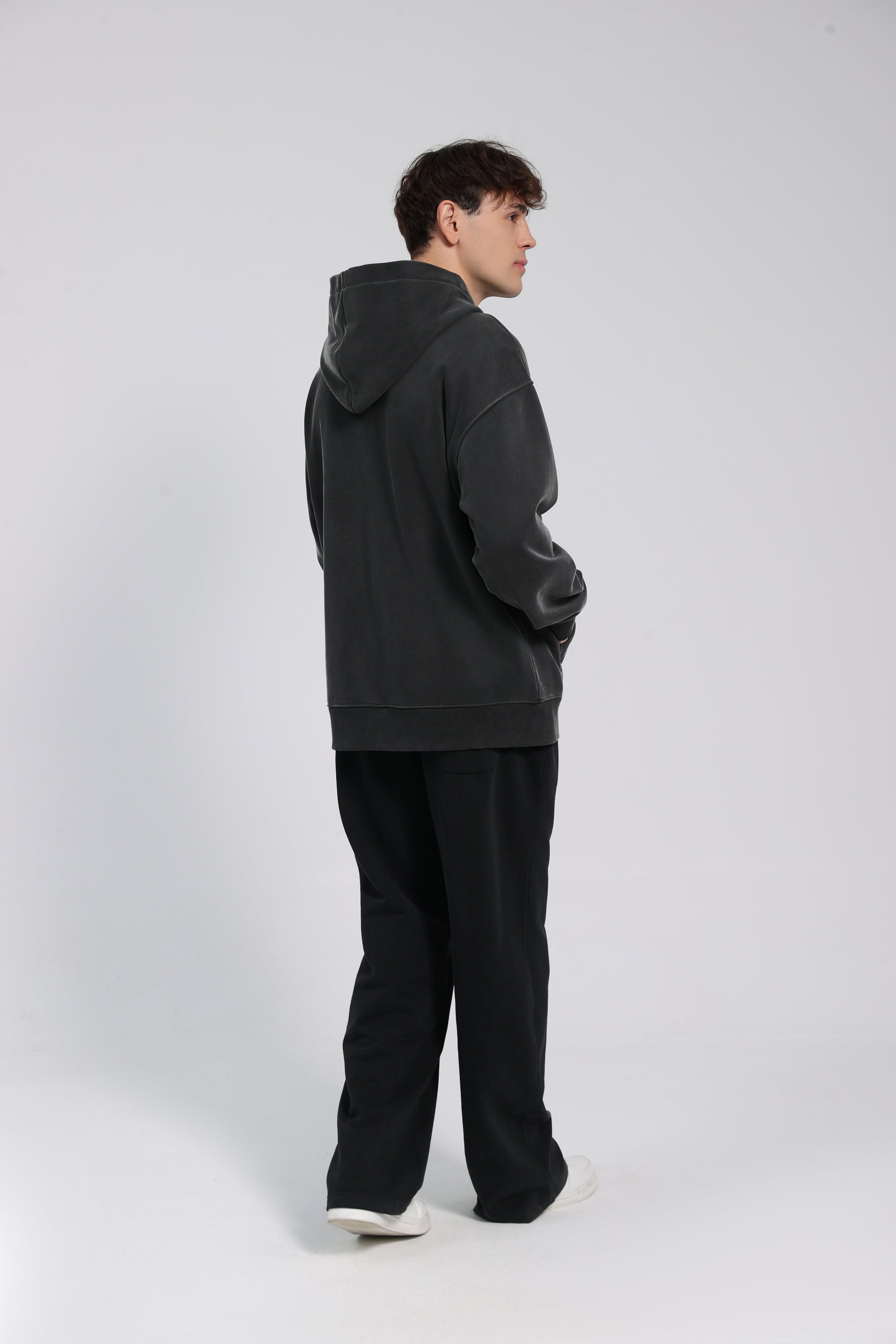 380GSM Zip Up Fleece Snow Washed Hoodie - Black - Model View
