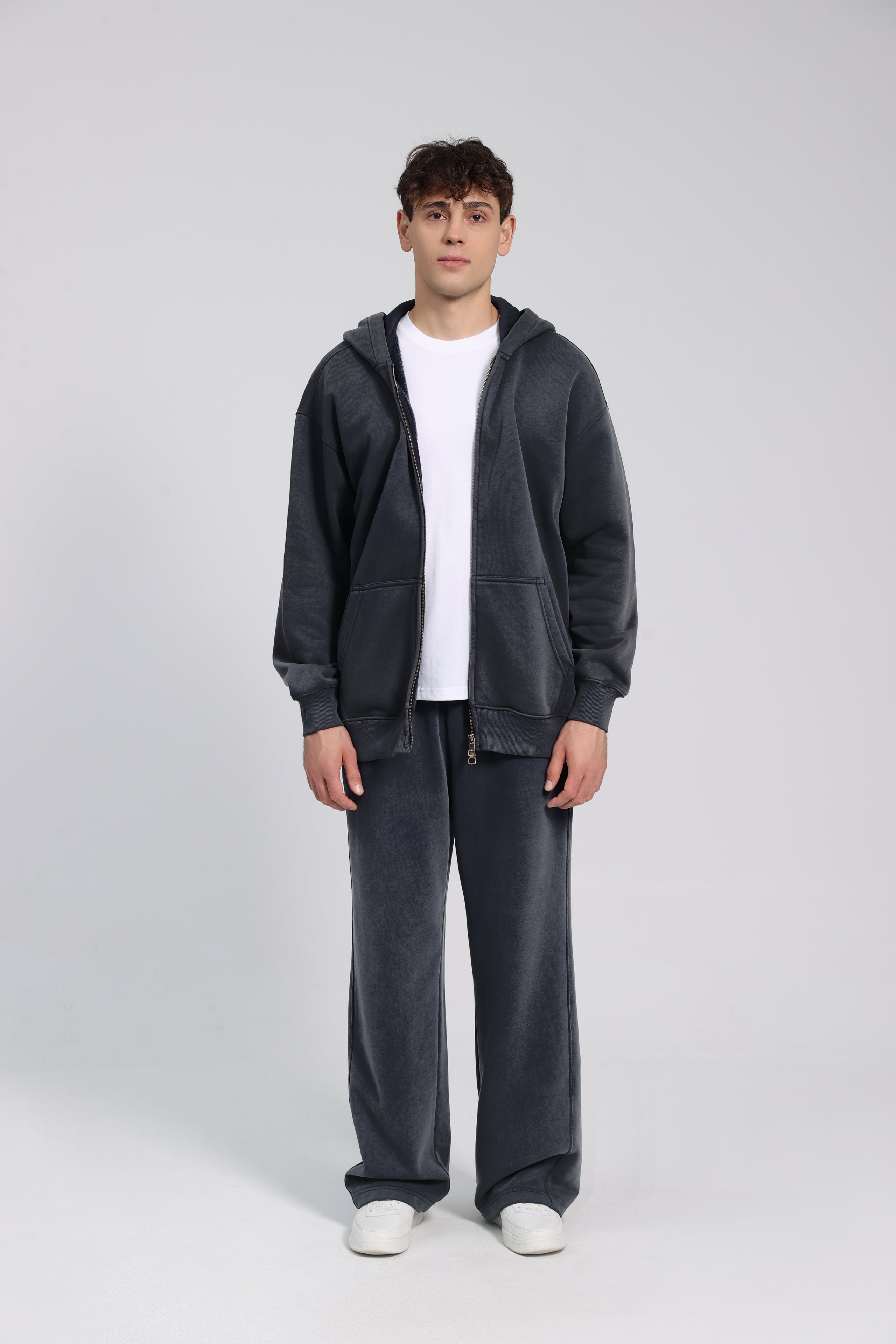 380GSM Zip Up Fleece Snow Washed Hoodie - Dark Blue - Model View