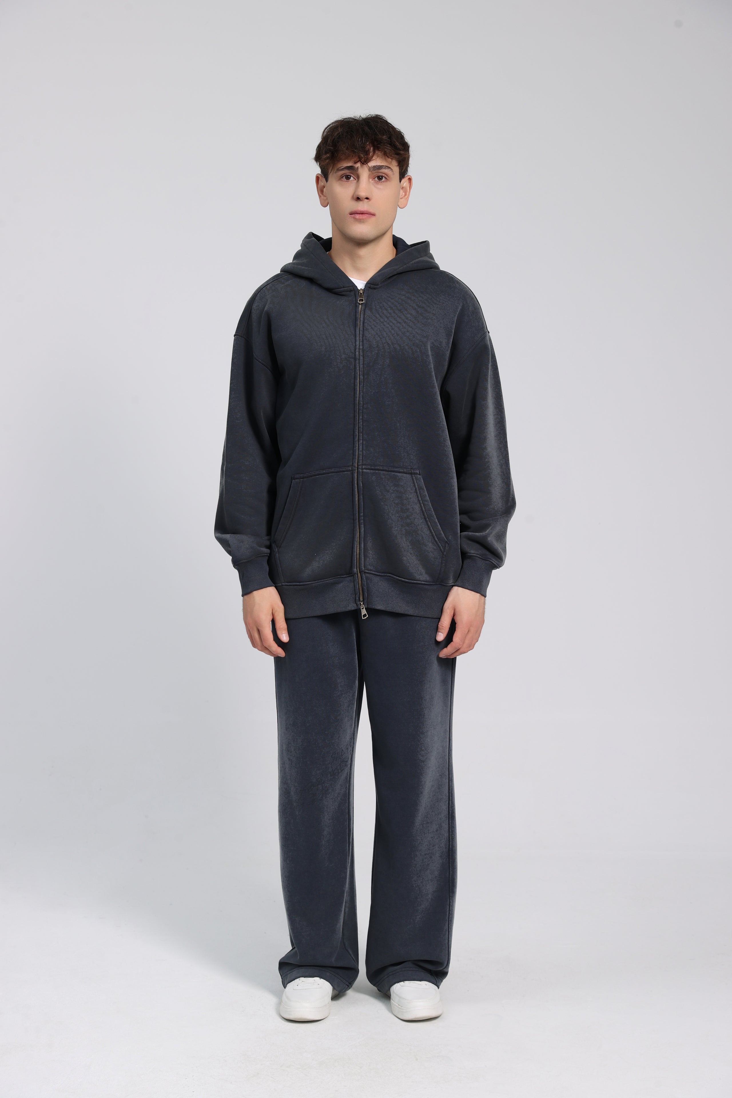 380GSM Zip Up Fleece Snow Washed Hoodie - Dark Blue - Model View