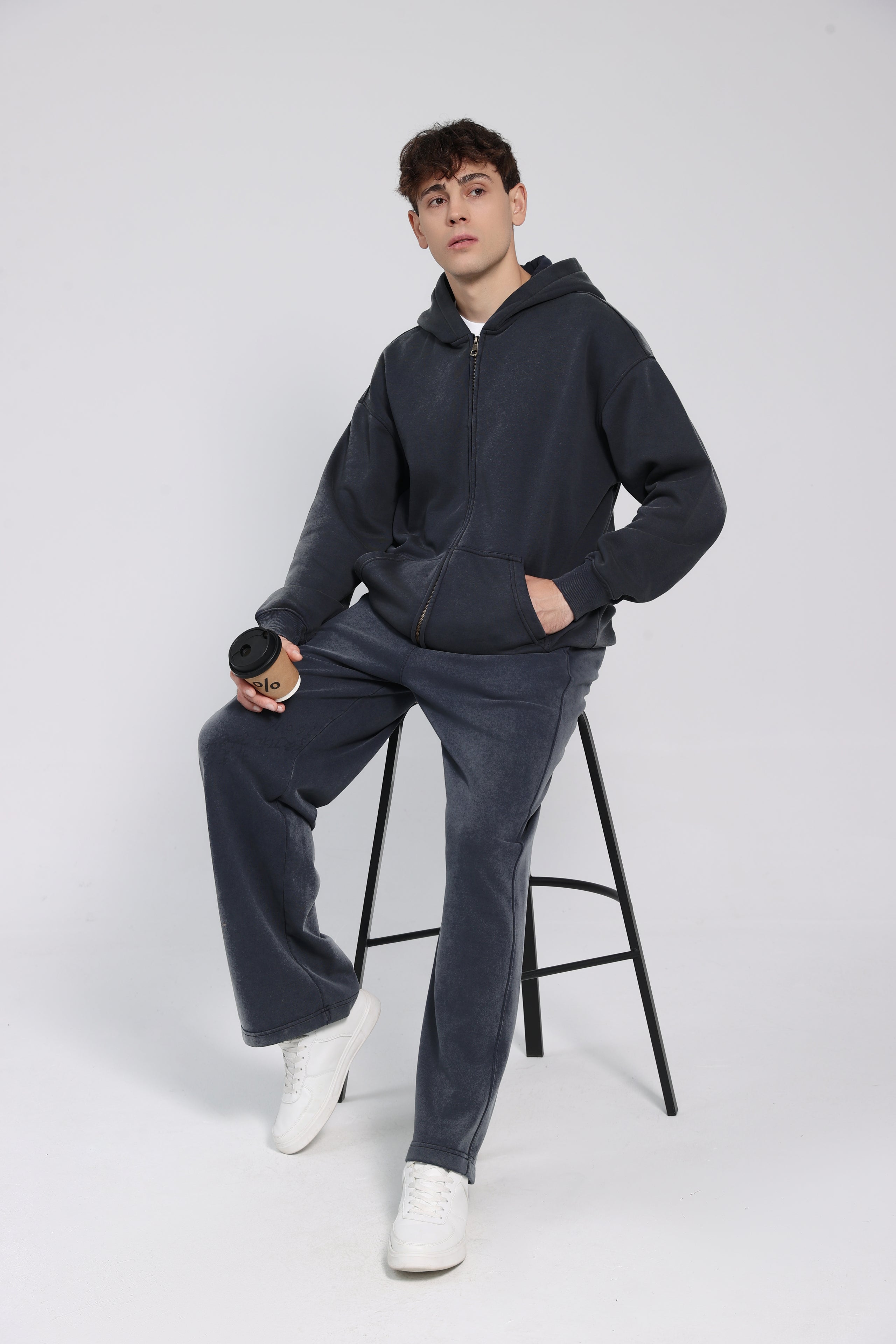 380GSM Zip Up Fleece Snow Washed Hoodie - Dark Blue - Model View