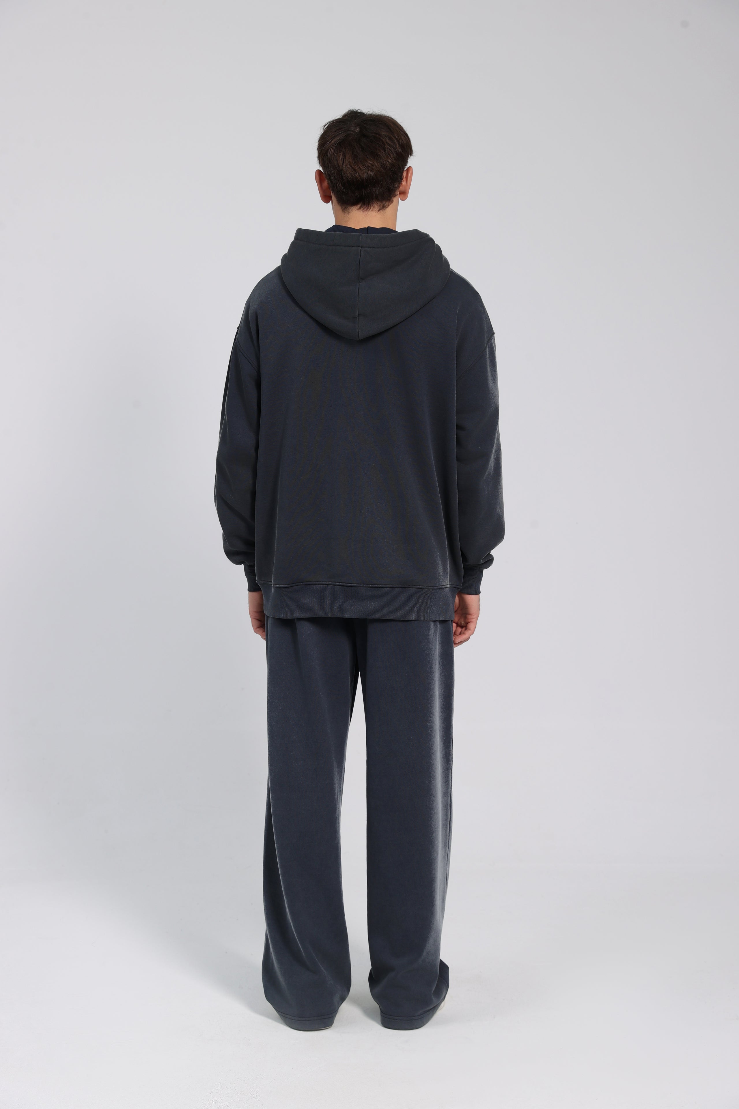 380GSM Zip Up Fleece Snow Washed Hoodie - Dark Blue - Model View