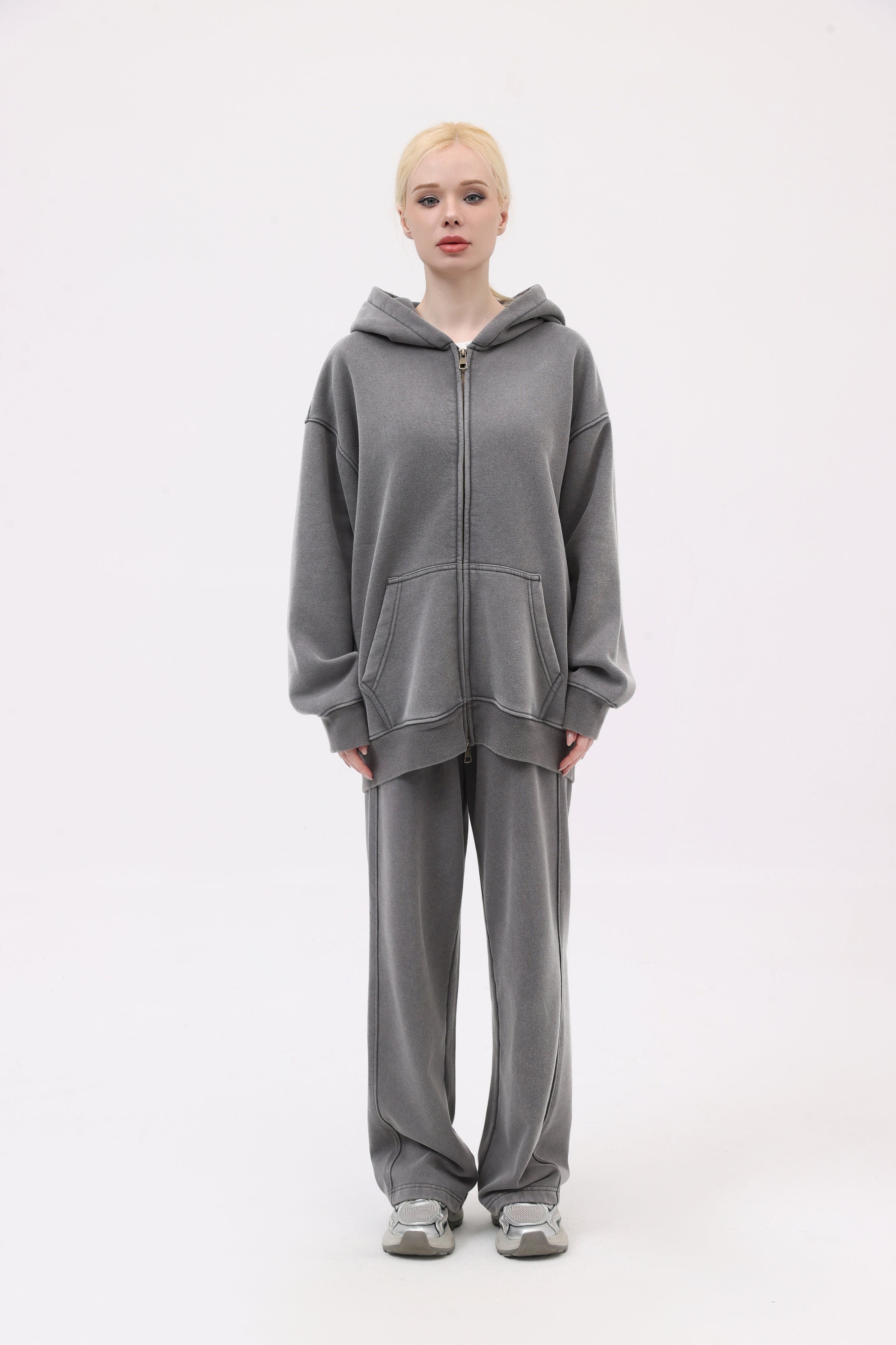 380GSM Zip Up Fleece Snow Washed Hoodie - Gray - Model View