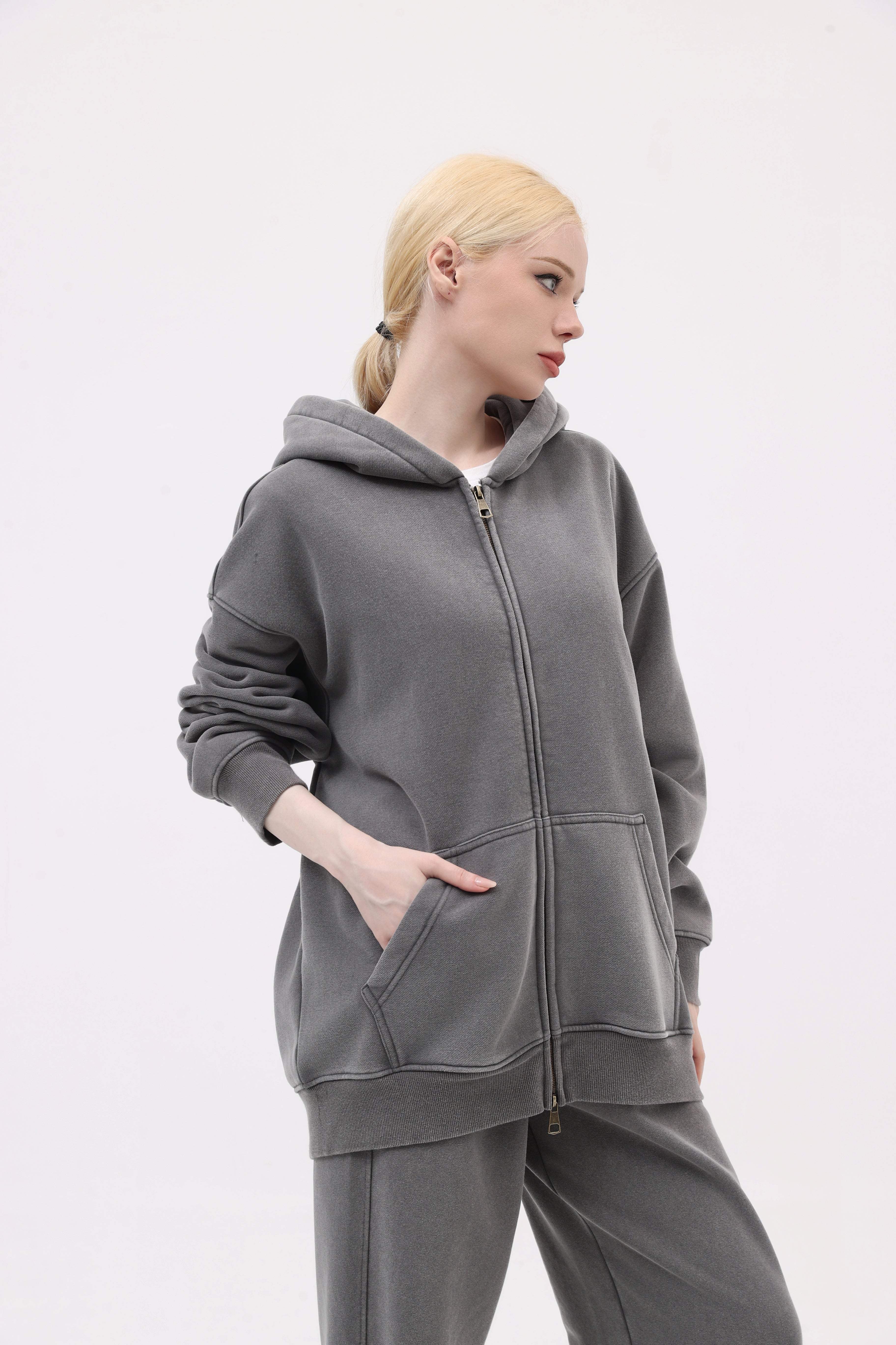 380GSM Zip Up Fleece Hoodie - Pink - Model Shot