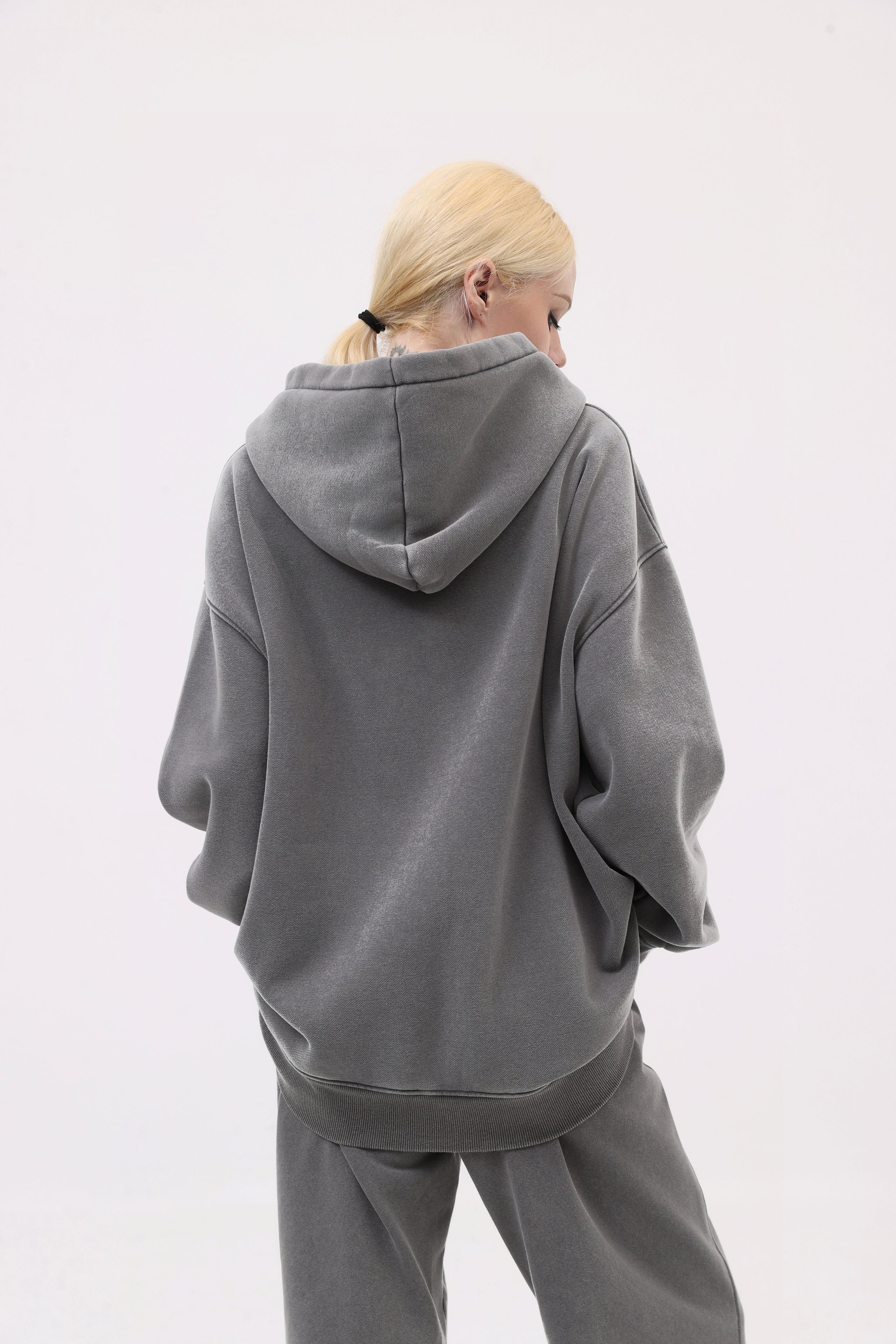 380GSM Zip Up Fleece Snow Washed Hoodie - Gray - Model View
