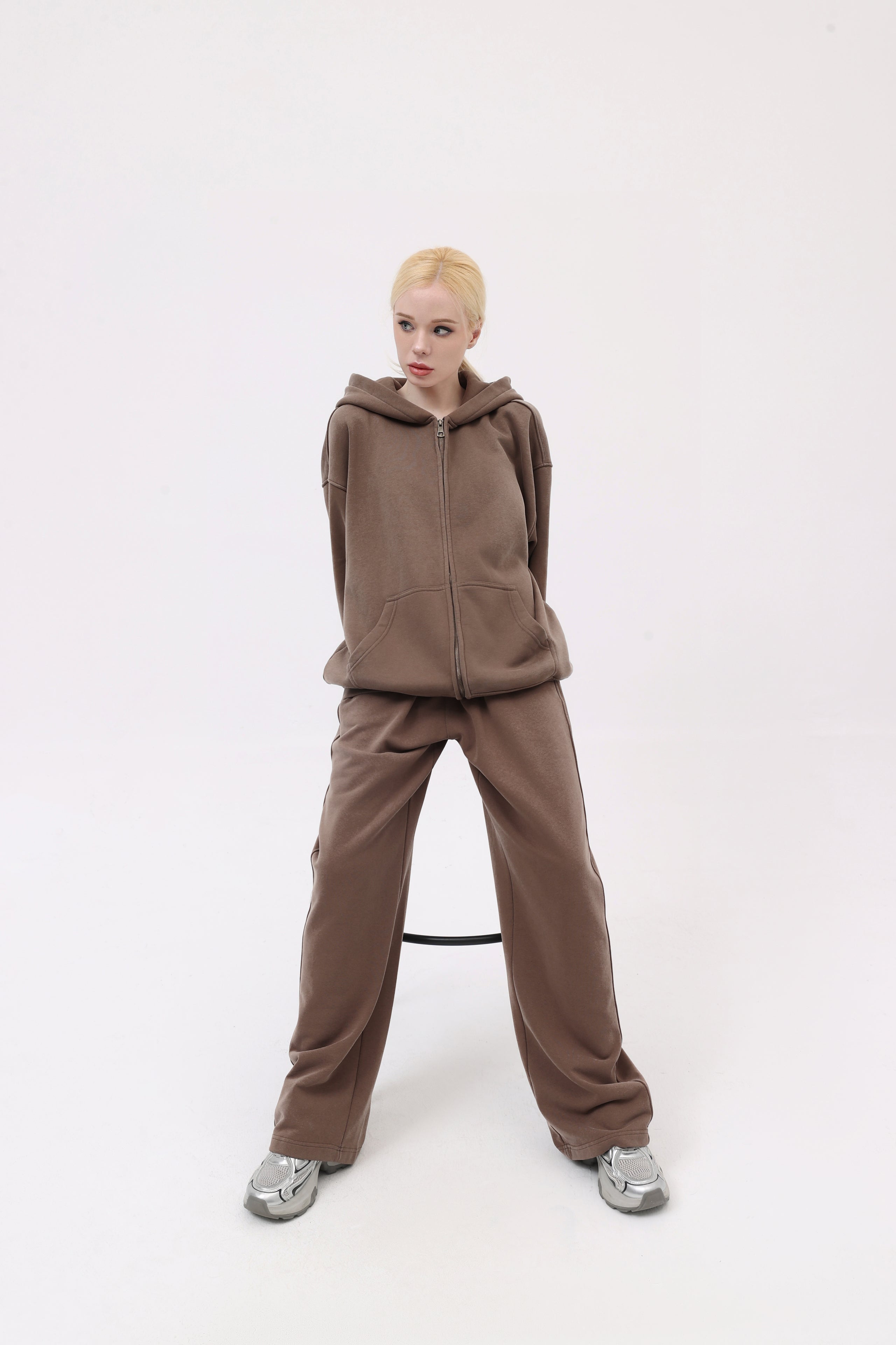 380GSM Zip Up Fleece Snow Washed Hoodie - Brown - Model View
