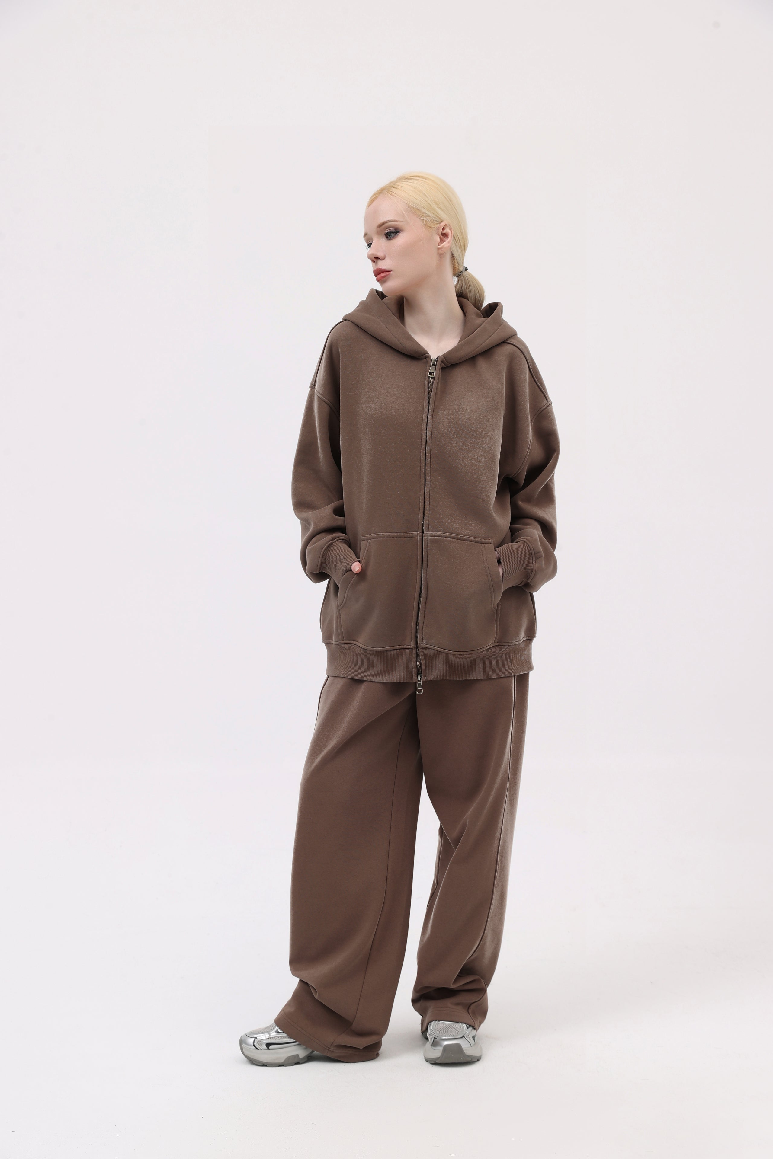 380GSM Zip Up Fleece Snow Washed Hoodie - Brown - Model View