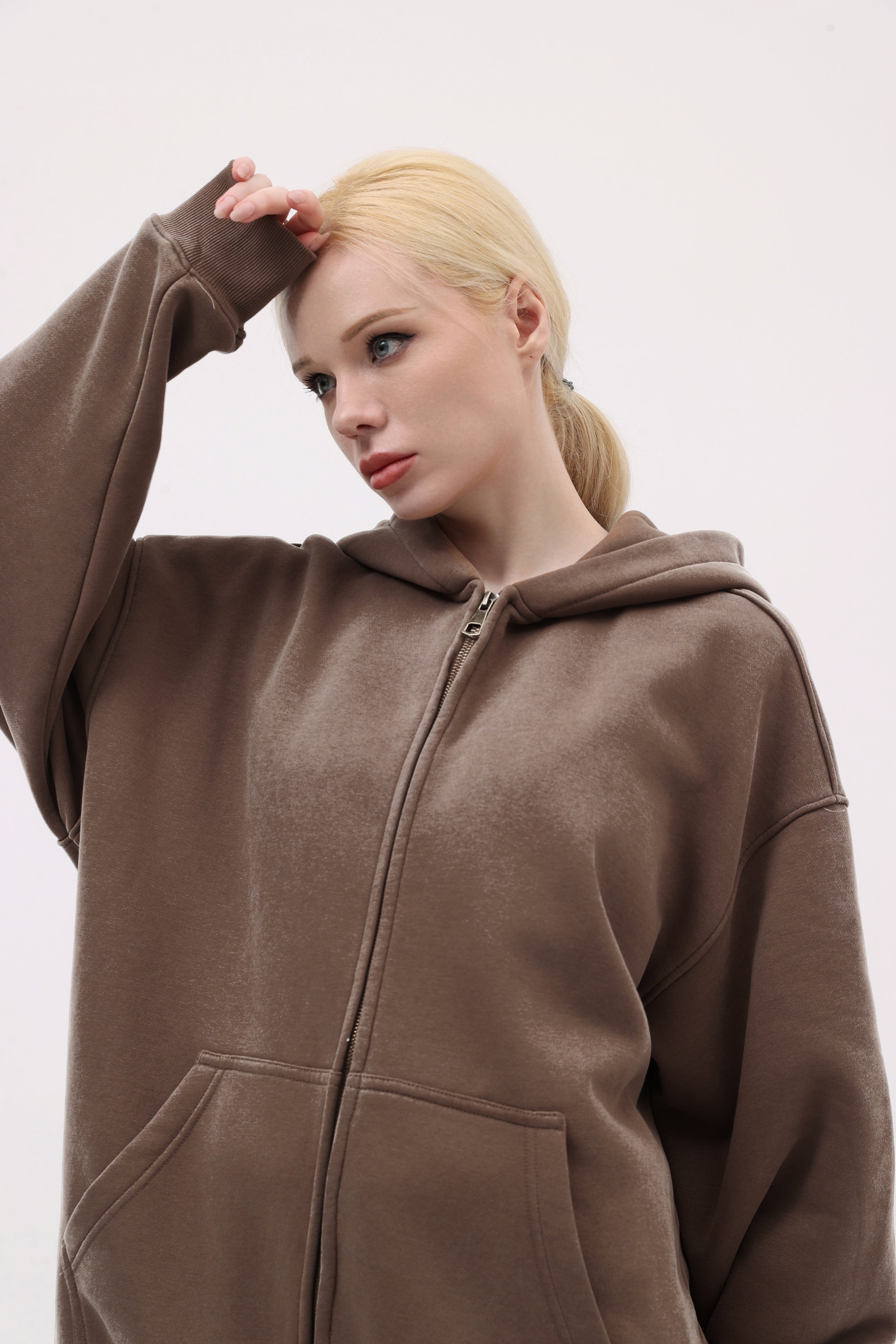 380GSM Zip Up Fleece Snow Washed Hoodie - Brown - Model View