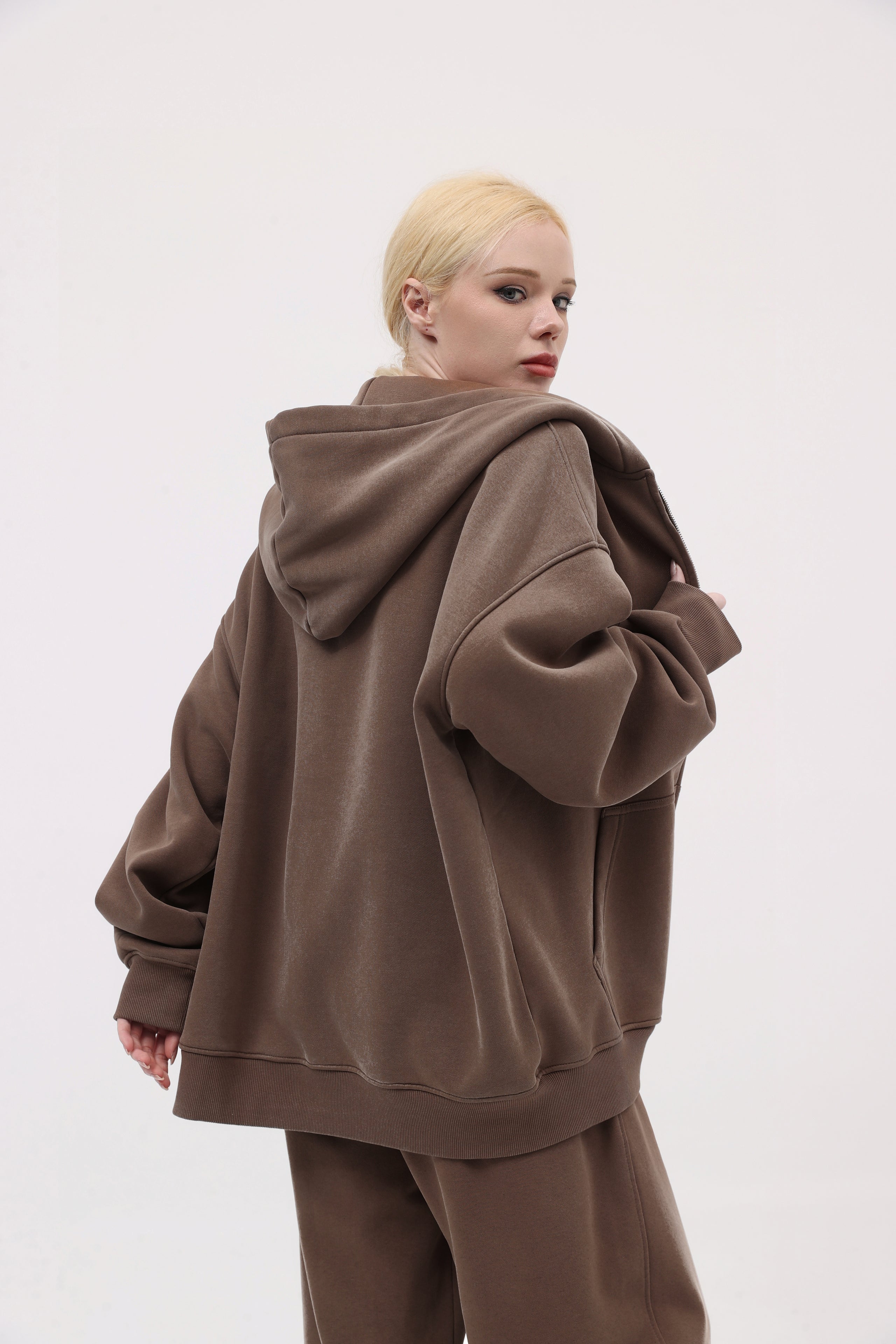 380GSM Zip Up Fleece Snow Washed Hoodie - Brown - Model View