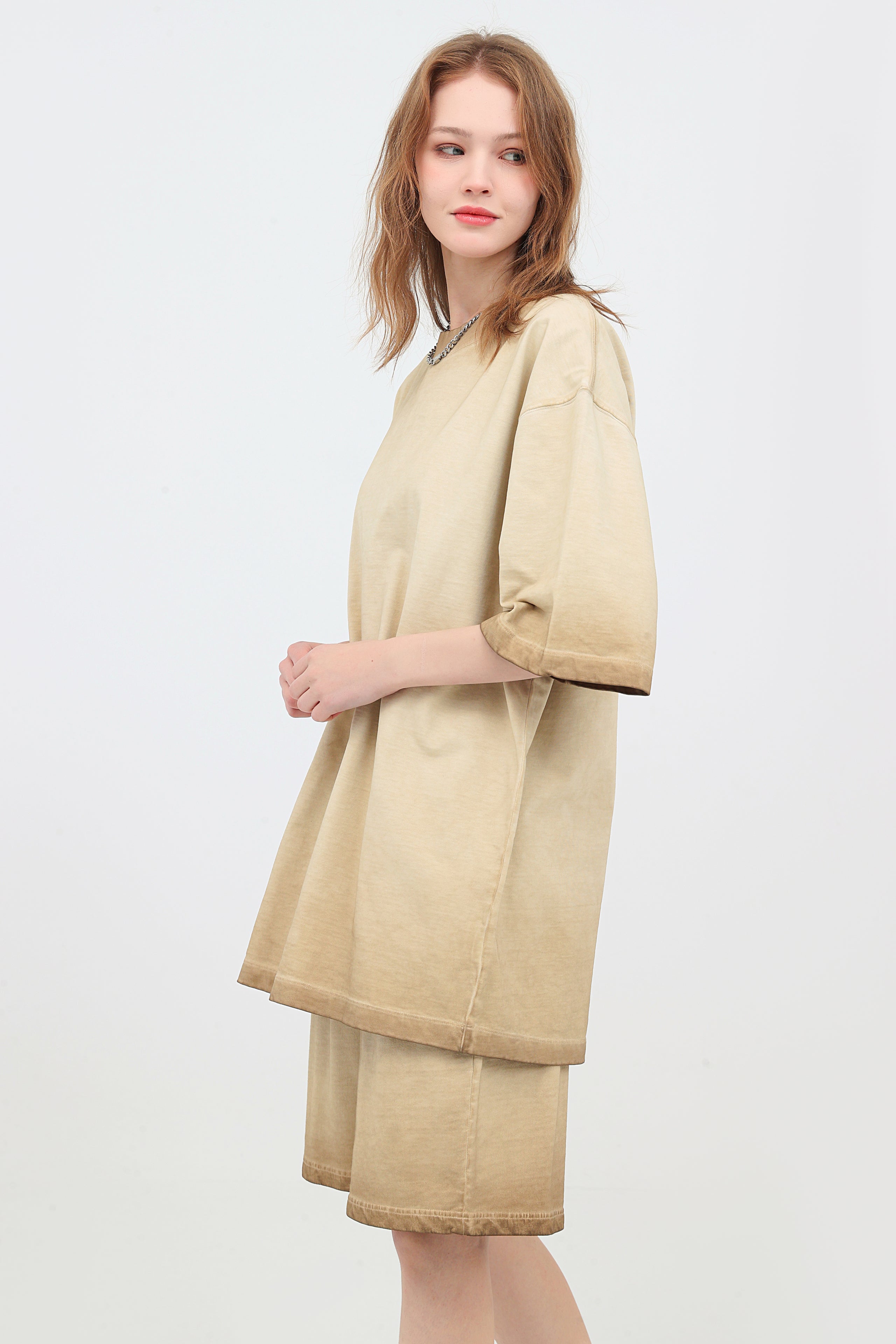 230GSM Ombre Washed Tee - Khaki - Model View