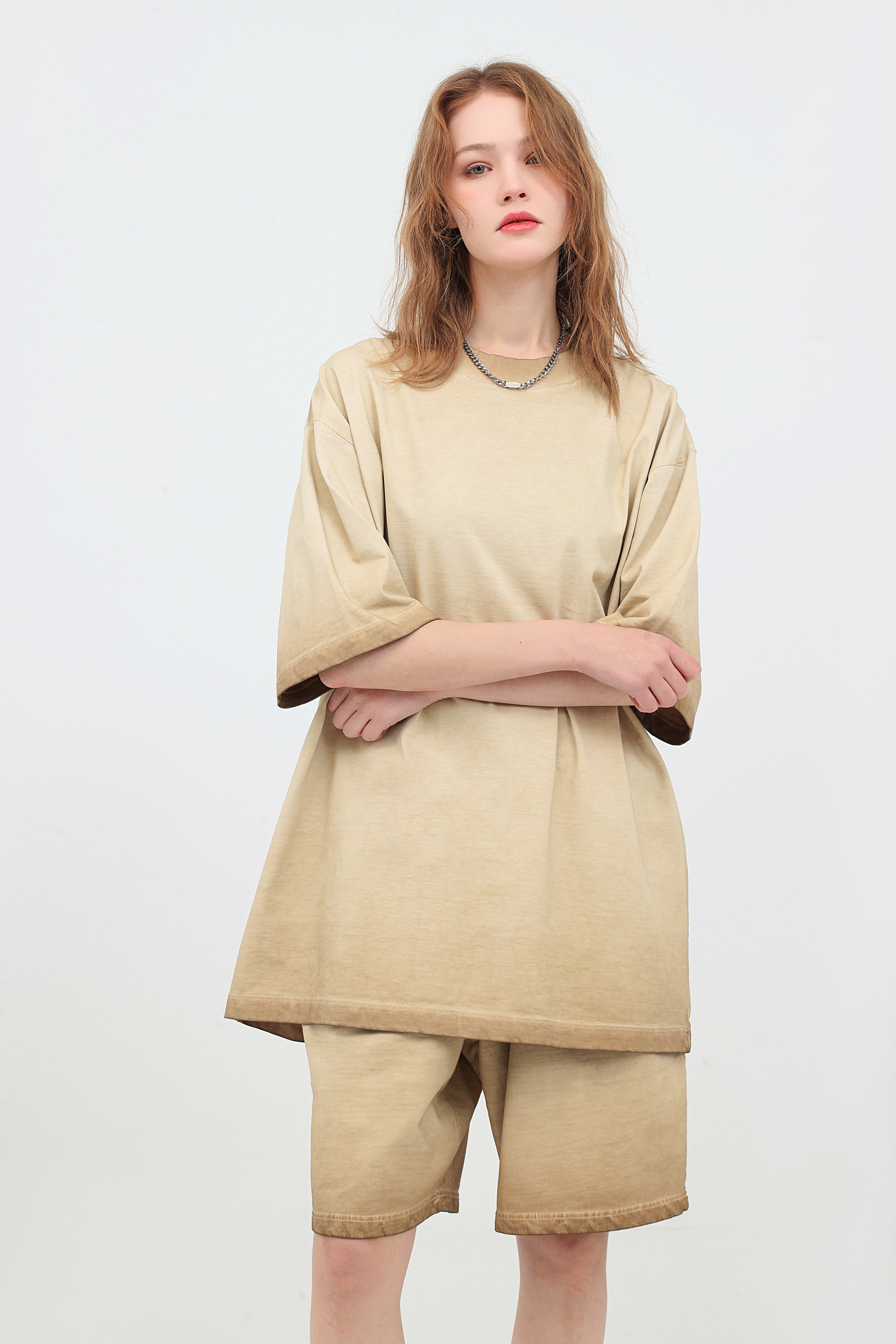 230GSM Ombre Washed Tee - Khaki - Model View