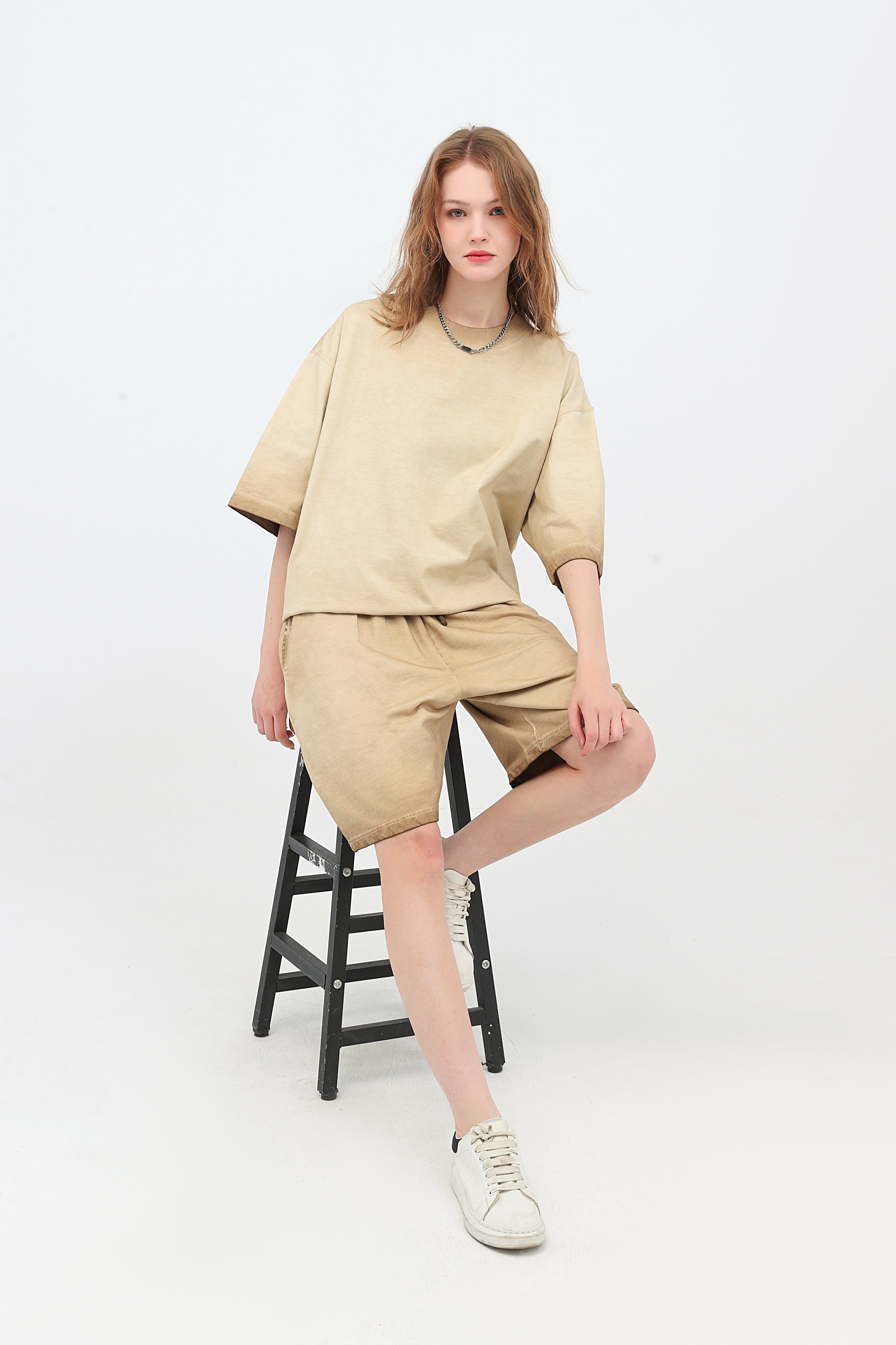 230GSM Ombre Washed Tee - Khaki - Model View